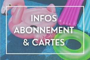 piscine avec plusieurs bouées, par dessus un rectangle blanc avec infos abonnement & cartes marqué dessus